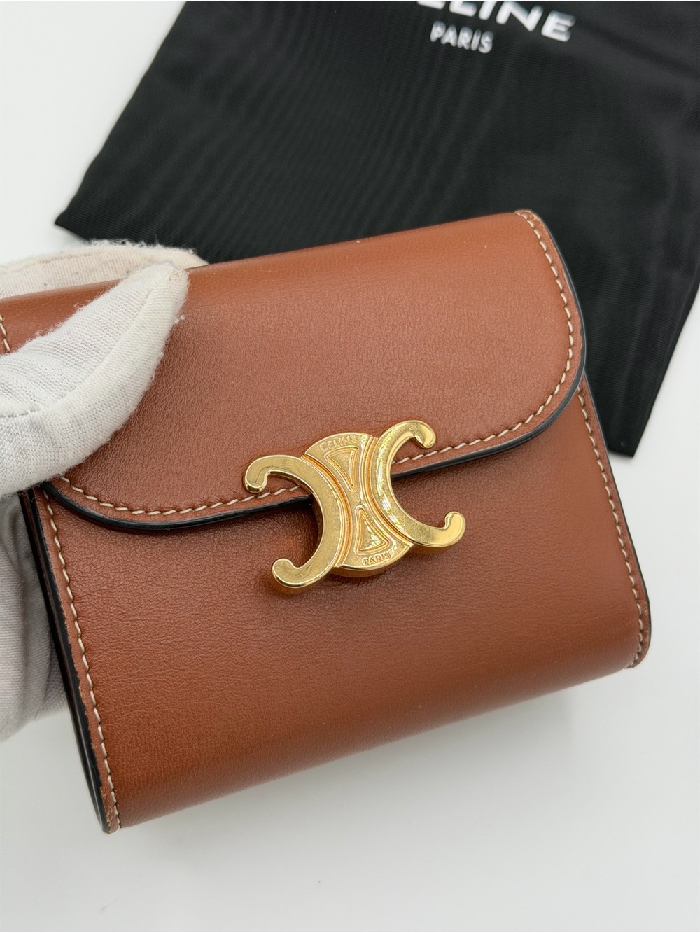 Celine Brown Leather Triomphe Compact Wallet with Gold Hardware